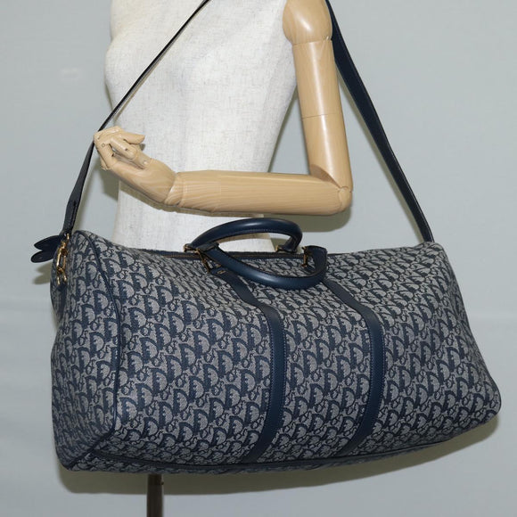Christian Dior Trotter Canvas Boston Bag Navy Gold Auth 129964SAV
