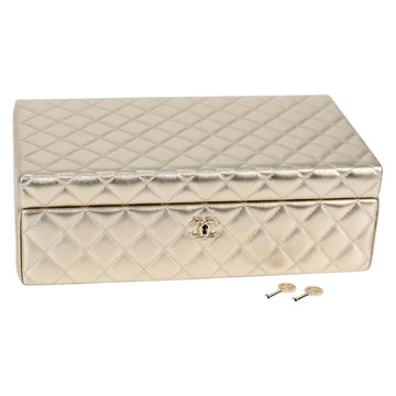 CHANEL Matelasse Jewelry Case Jewelry Box Lamb Skin Gold CC Auth 129974SM