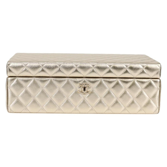 CHANEL Matelasse Jewelry Case Jewelry Box Lamb Skin Gold CC Auth 129974SM