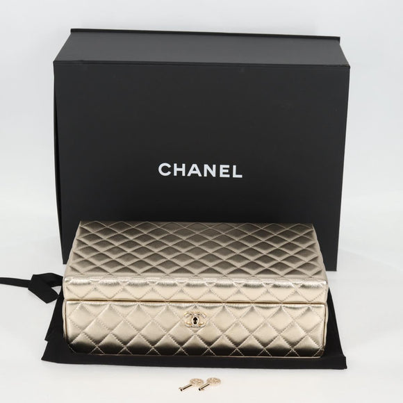 CHANEL Matelasse Jewelry Case Jewelry Box Lamb Skin Gold CC Auth 129974SM