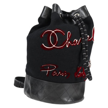 CHANEL Bicolore Shoulder Bag Wool Leather Black CC Auth 130048M