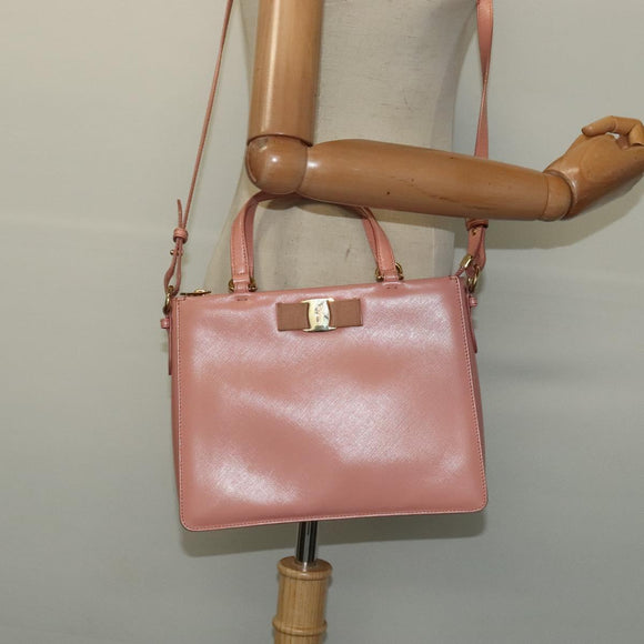 Salvatore Ferragamo Vala Hand Bag Leather 2way Pink Gold Auth 130110
