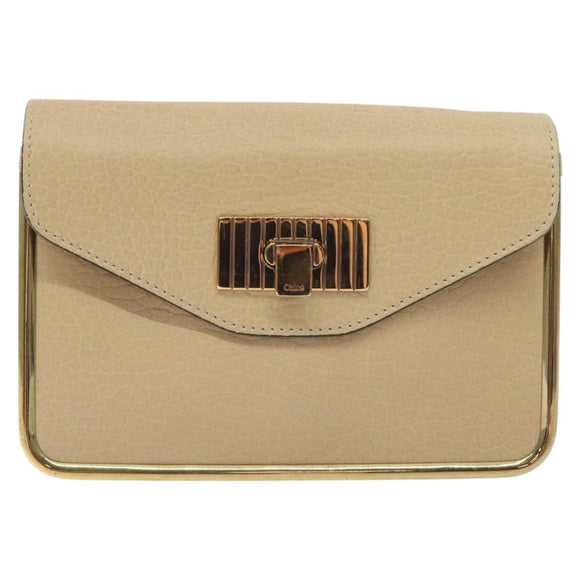 Chloe Chain Sally Shoulder Bag Leather Beige Gold Auth 130115