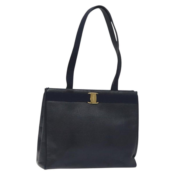 Salvatore Ferragamo Tote Bag Snakeskin embossed Navy Gold Auth 130119