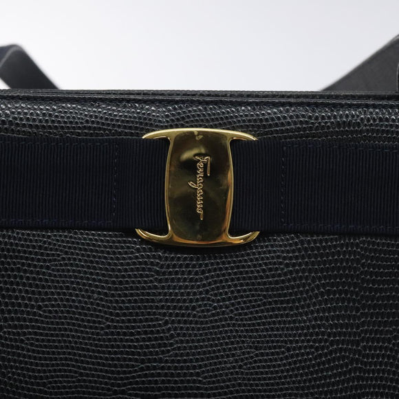 Salvatore Ferragamo Tote Bag Snakeskin embossed Navy Gold Auth 130119