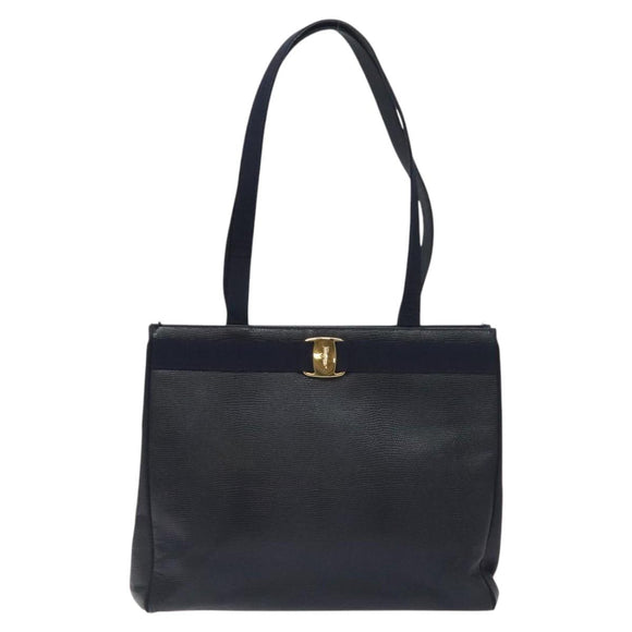 Salvatore Ferragamo Tote Bag Snakeskin embossed Navy Gold Auth 130119