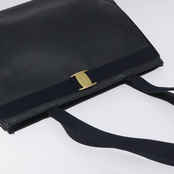 Salvatore Ferragamo Tote Bag Snakeskin embossed Navy Gold Auth 130119
