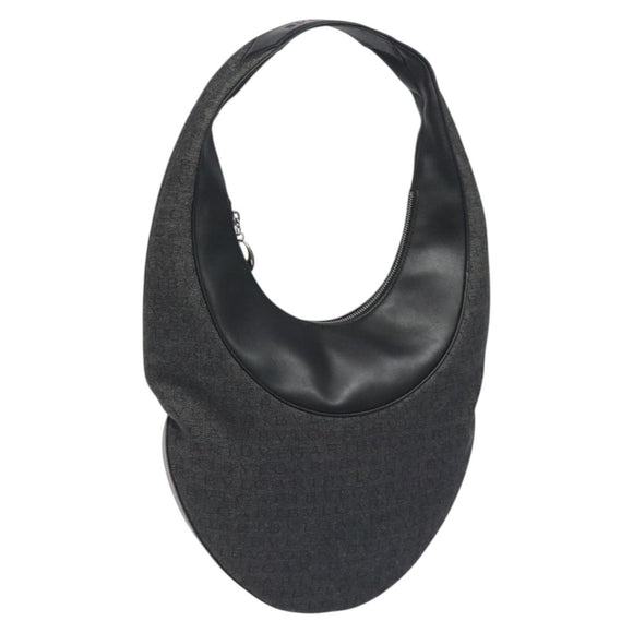 BVLGARI Logo Mania Shoulder Bag Canvas Leather Black Silver Auth 130143