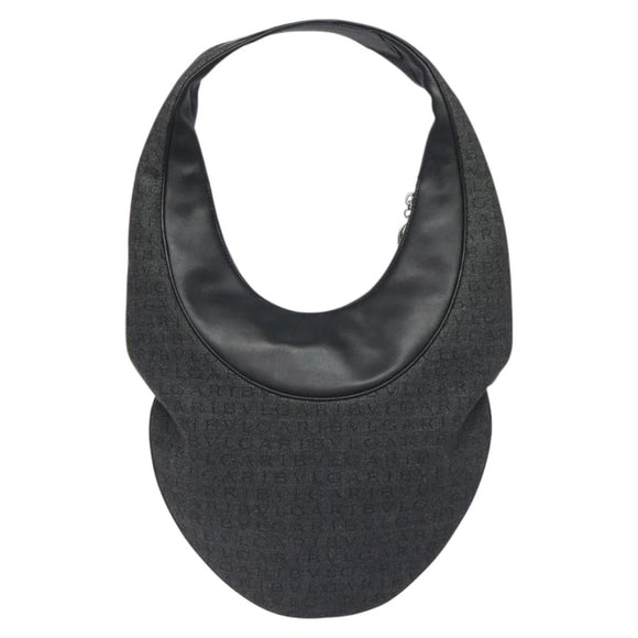 BVLGARI Logo Mania Shoulder Bag Canvas Leather Black Silver Auth 130143