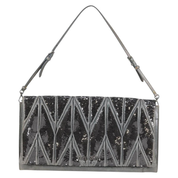 Miu Miu Sequin Shoulder Bag Leather Light Blue Silver Auth 130158V