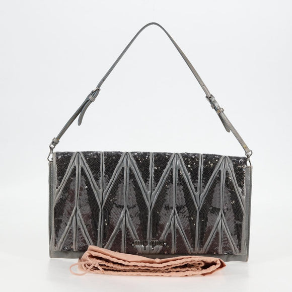 Miu Miu Sequin Shoulder Bag Leather Light Blue Silver Auth 130158V