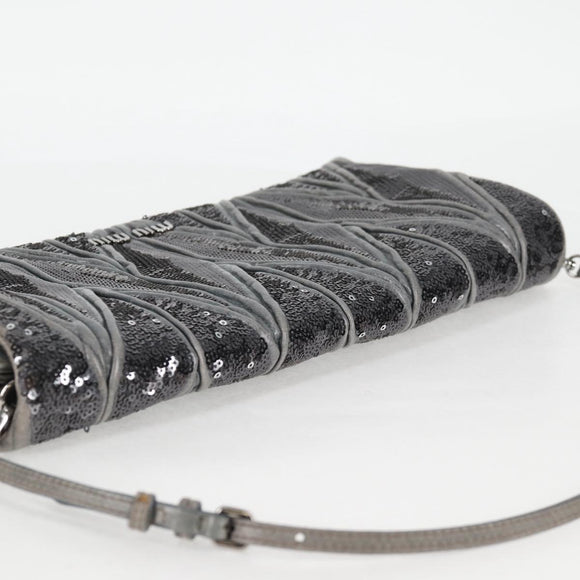 Miu Miu Sequin Shoulder Bag Leather Light Blue Silver Auth 130158V