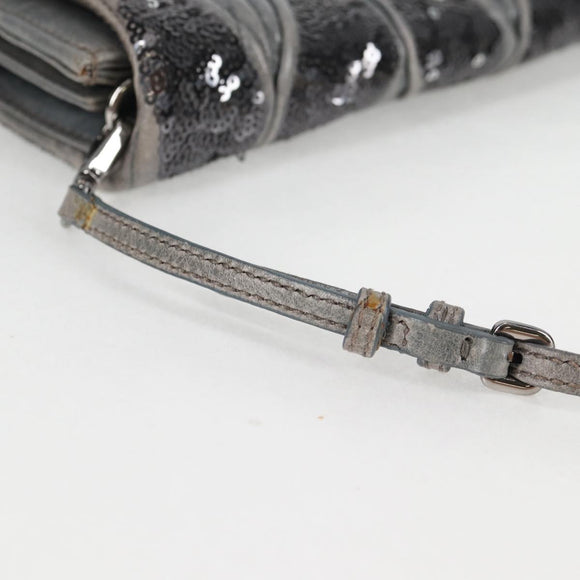 Miu Miu Sequin Shoulder Bag Leather Light Blue Silver Auth 130158V