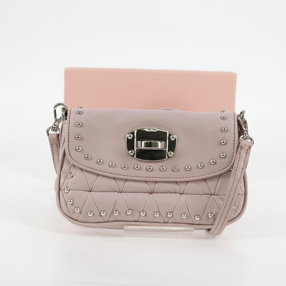 Miu Miu Studs Chain Shoulder Bag Leather Pink Silver Auth 130159V