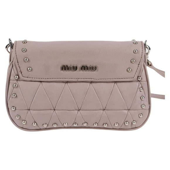 Miu Miu Studs Chain Shoulder Bag Leather Pink Silver Auth 130159V