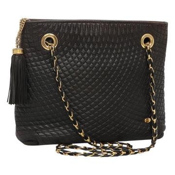 BALLY Quilted Chain Shoulder Bag Leather Black Gold Auth 130164