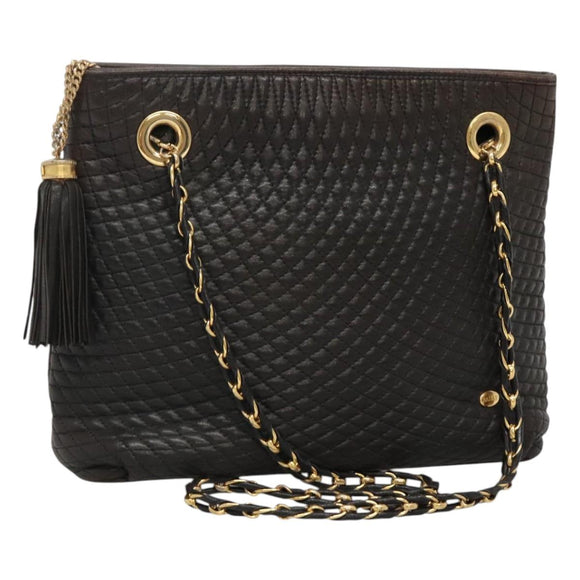 BALLY Quilted Chain Shoulder Bag Leather Black Gold Auth 130164