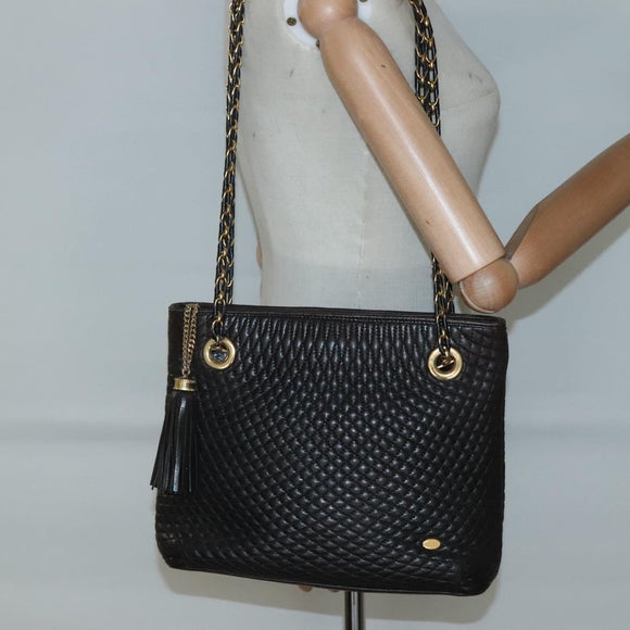 BALLY Quilted Chain Shoulder Bag Leather Black Gold Auth 130164