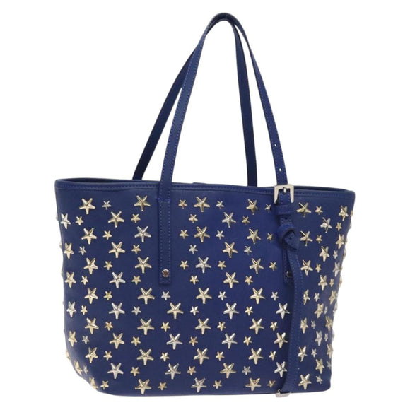 Jimmy Choo Studs Tote Bag Leather Blue Gold Auth 130222