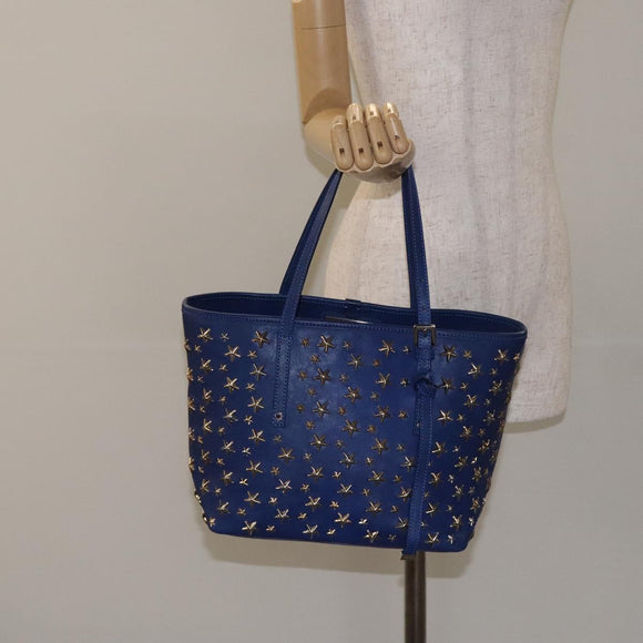 Jimmy Choo Studs Tote Bag Leather Blue Gold Auth 130222