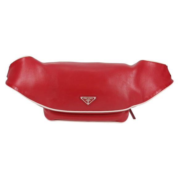 PRADA Body Bag Leather Silver Red Auth 130229V