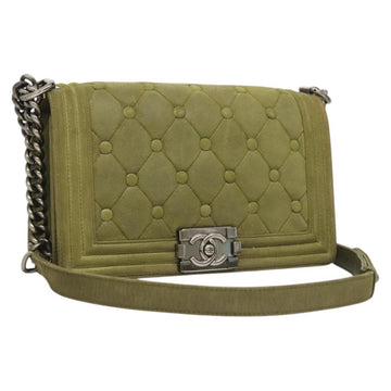 CHANEL Chain Matelasse Boy Chanel Shoulder Bag Suede Green CC Auth 130248