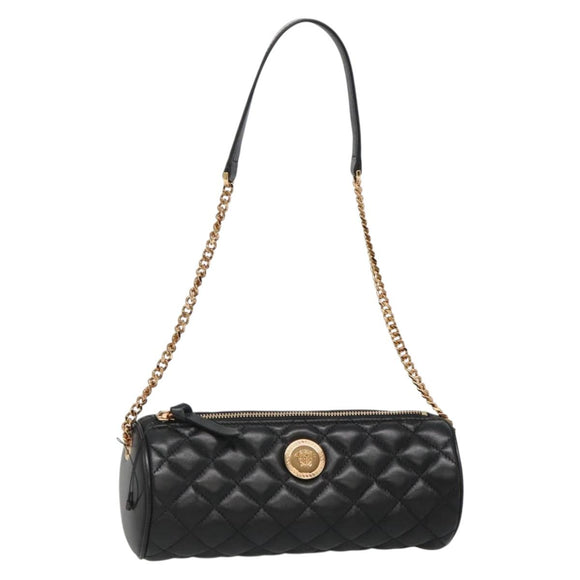 VERSACE Chain Shoulder Bag Leather Black Gold Auth 130252