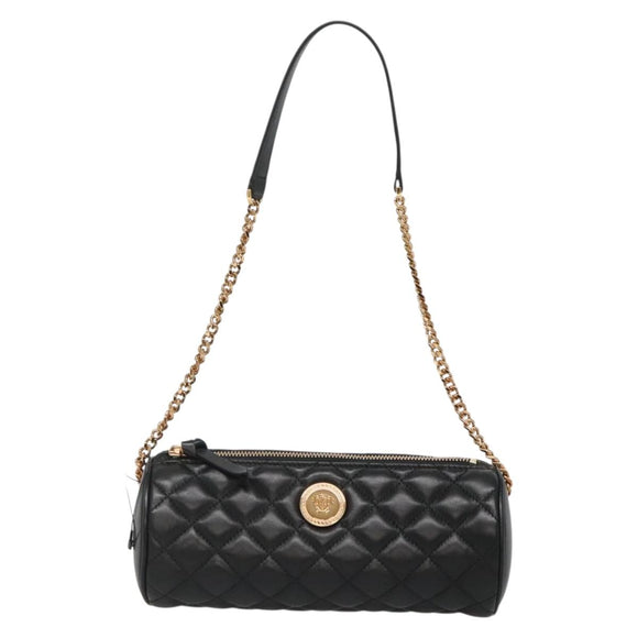 VERSACE Chain Shoulder Bag Leather Black Gold Auth 130252