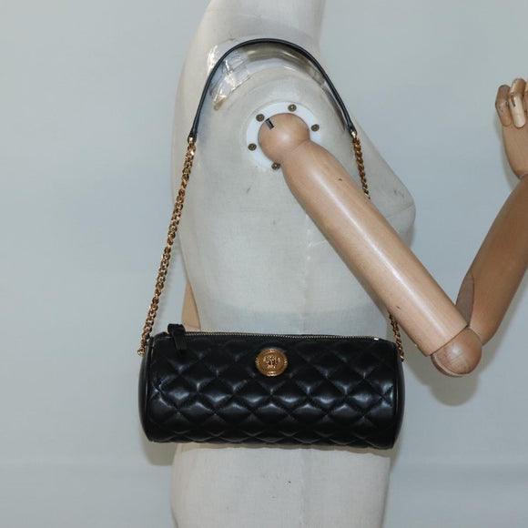 VERSACE Chain Shoulder Bag Leather Black Gold Auth 130252
