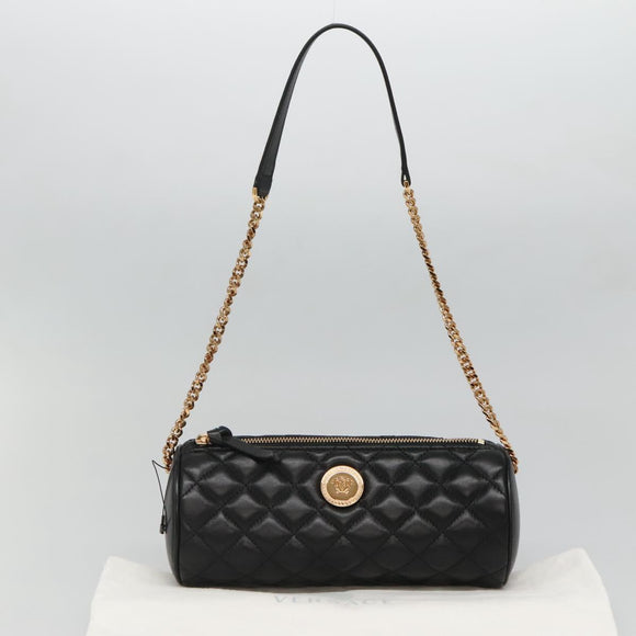 VERSACE Chain Shoulder Bag Leather Black Gold Auth 130252