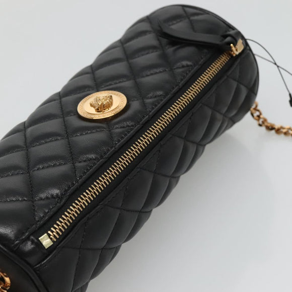 VERSACE Chain Shoulder Bag Leather Black Gold Auth 130252