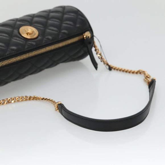 VERSACE Chain Shoulder Bag Leather Black Gold Auth 130252