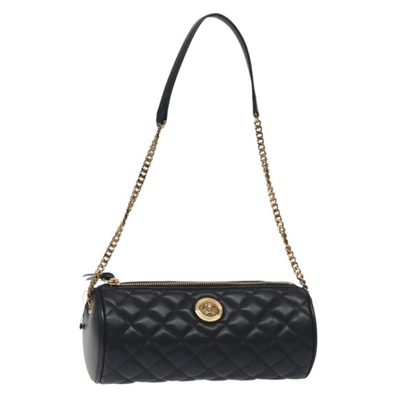 VERSACE Chain Shoulder Bag Leather Black Gold Auth 130253