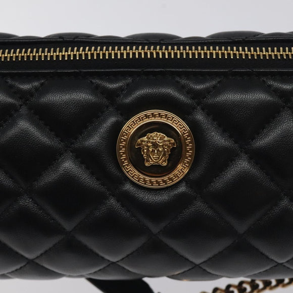 VERSACE Chain Shoulder Bag Leather Black Gold Auth 130253