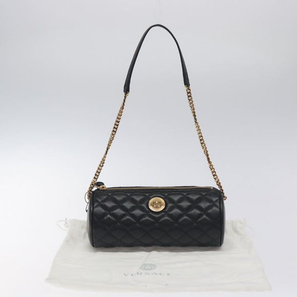 VERSACE Chain Shoulder Bag Leather Black Gold Auth 130253