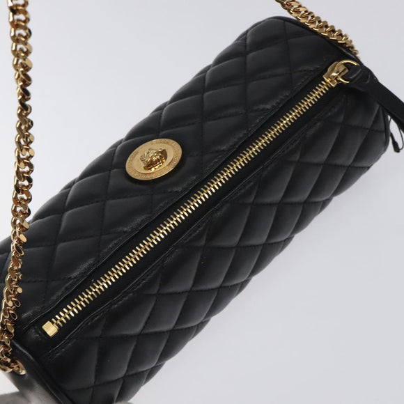 VERSACE Chain Shoulder Bag Leather Black Gold Auth 130253