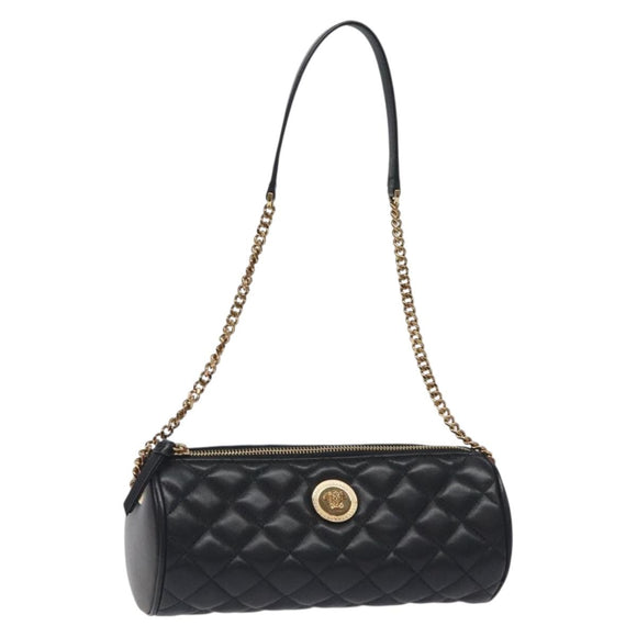VERSACE Chain Shoulder Bag Leather Black Gold Auth 130254