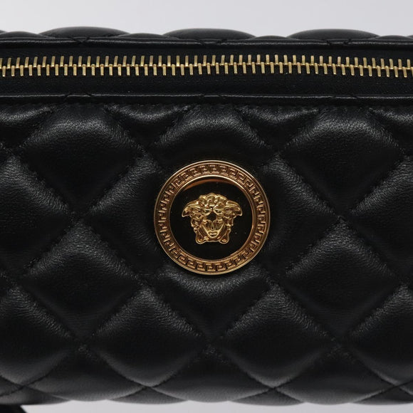 VERSACE Chain Shoulder Bag Leather Black Gold Auth 130254