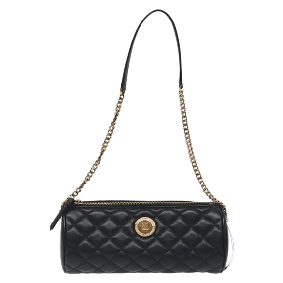 VERSACE Chain Shoulder Bag Leather Black Gold Auth 130254