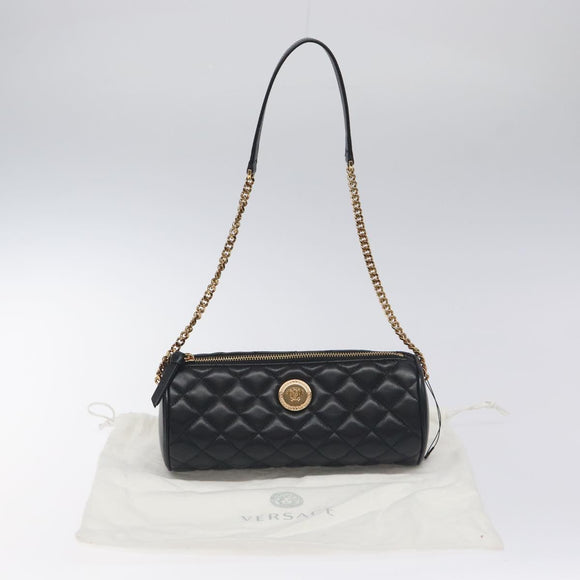 VERSACE Chain Shoulder Bag Leather Black Gold Auth 130254