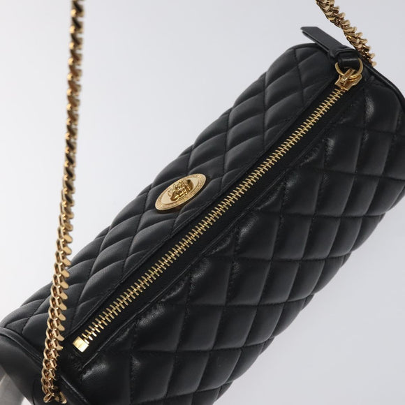 VERSACE Chain Shoulder Bag Leather Black Gold Auth 130254