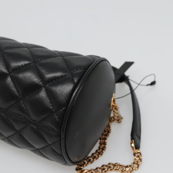 VERSACE Chain Shoulder Bag Leather Black Gold Auth 130255