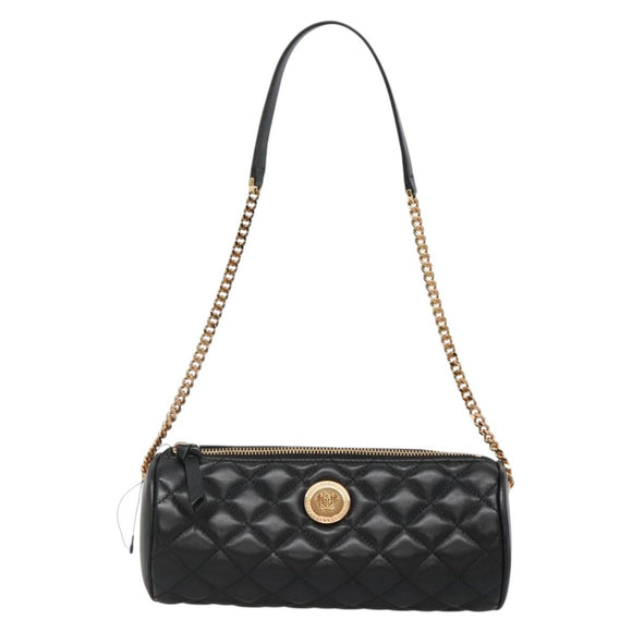 VERSACE Chain Shoulder Bag Leather Black Gold Auth 130255