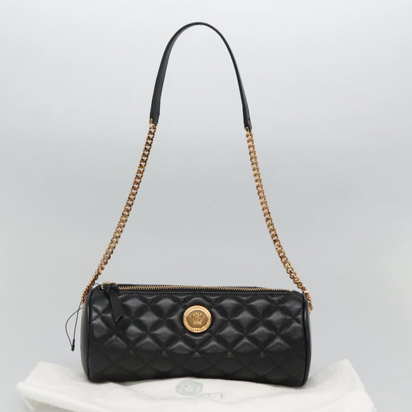 VERSACE Chain Shoulder Bag Leather Black Gold Auth 130255