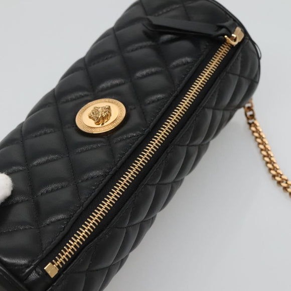 VERSACE Chain Shoulder Bag Leather Black Gold Auth 130255