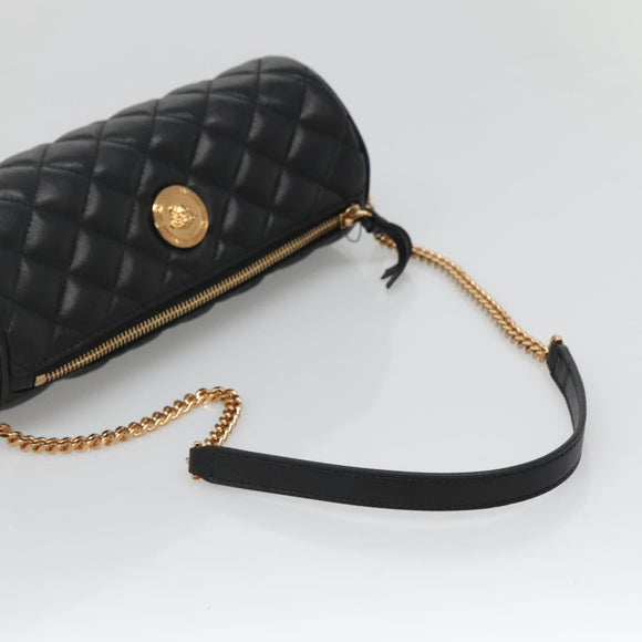 VERSACE Chain Shoulder Bag Leather Black Gold Auth 130255