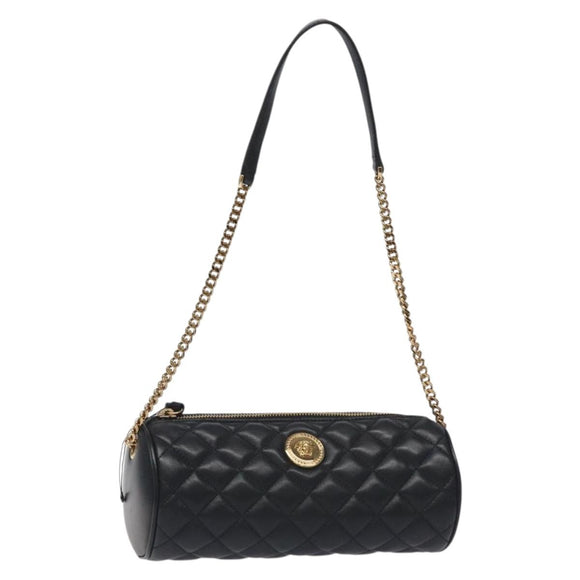 VERSACE Chain Shoulder Bag Leather Black Gold Auth 130256