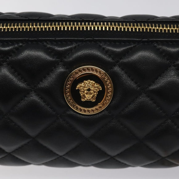 VERSACE Chain Shoulder Bag Leather Black Gold Auth 130256