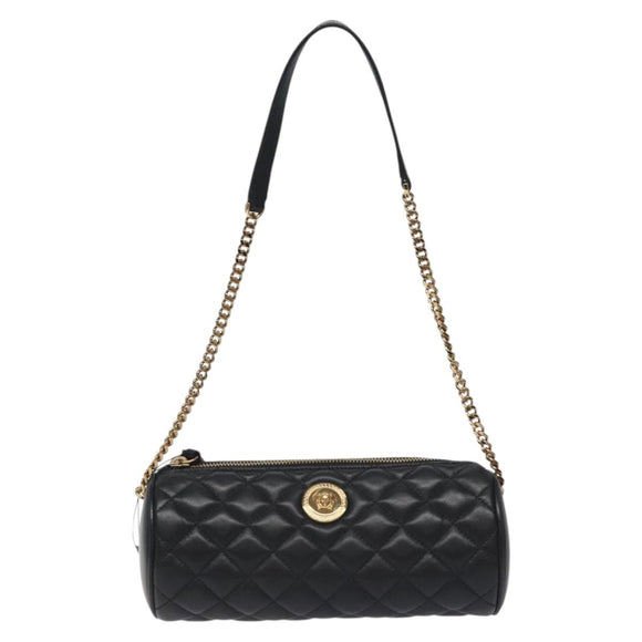 VERSACE Chain Shoulder Bag Leather Black Gold Auth 130256