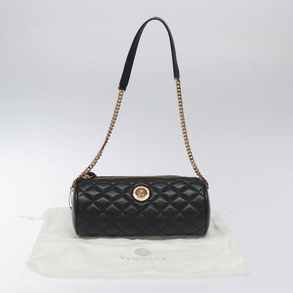 VERSACE Chain Shoulder Bag Leather Black Gold Auth 130256